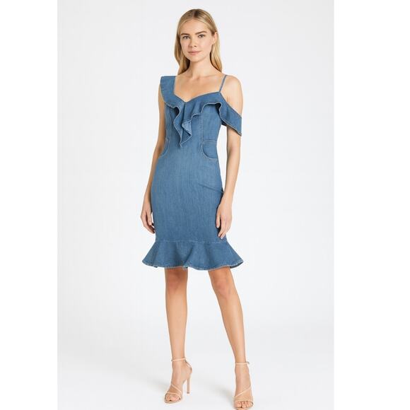 Jonathan Simkhai One Shoulder Denim Ruffle Dress 2 - Picture 1 of 8